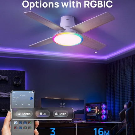 Dreo Ceiling Fans with Lights, 12 Speeds & 3 Fan Modes, Quiet DC Motor, Low Profile Easy to Install, Flush Mount Smart Ceiling Fan with Dimmable LED, 12H Timer for Bedroom, Remote, White, 44''