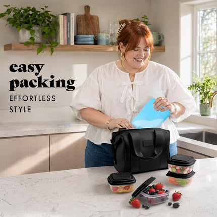Fit & Fresh Neoprene Lunch Bag For Women, Insulated Womens Lunch Bag For Work, Tear & Stain Resistant Large Lunch Box For Women With Containers and Ice, Machine Washable Remi Lunch Bag, Black