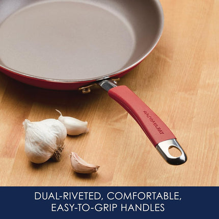 Rachael Ray Cucina Hard Porcelain Enamel Nonstick Skillet Set, 9.25-Inch and 11-Inch, Cranberry Red
