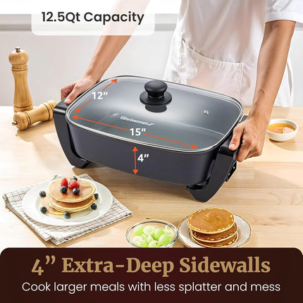Elite Gourmet EG2615 15" x 12" x 4� Electric Skillet, Durable Xtra Deep Dish, PFAS Free Ceralast� Ceramic Non-stick, 1500W Rapid Heat, Tempered Glass Vented Lid, Dishwasher Safe, 12.5 Qt., Black/Gray