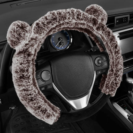 BDK Bear Fur Steering Wheel Cover, Plush Faux Fur Fuzzy Steering Cover for Car Truck Van SUV, Standard Size Fits Wheels 14.5-15 in Diameter, Brown with Ears