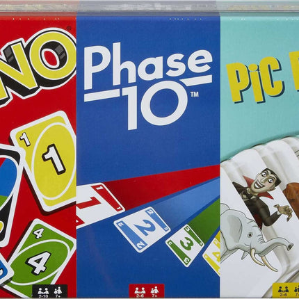 UNO, Phase 10 and Pic Flip Bundle Tin, 3 Mattel Ca