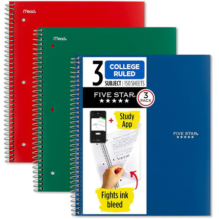 Five Star Spiral Notebook + Study App, 3 Pack, 3 S