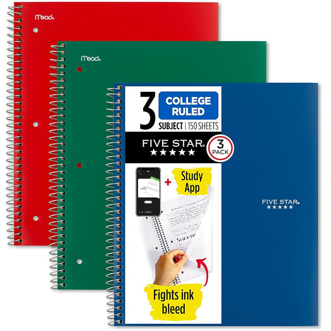Five Star Spiral Notebook + Study App, 3 Pack, 3 S