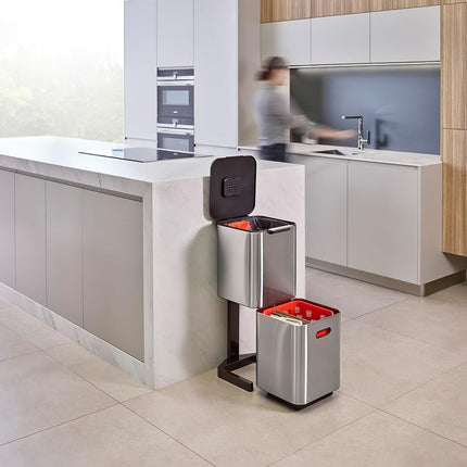 Joseph Joseph Totem Compact 40 Litre Waste Separation and Recycling Kitchen Bin, Stainless Steel