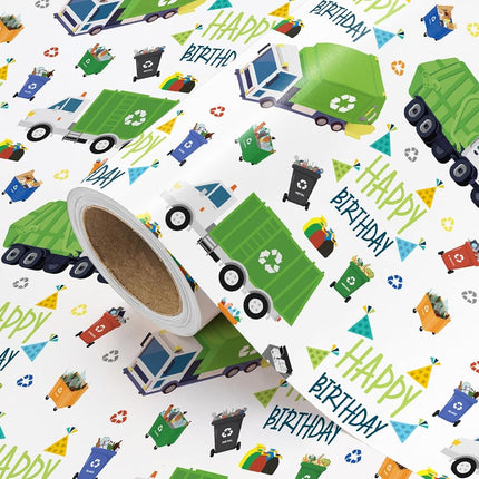 WRAPAHOLIC 30 Inch Garbage Truck Wrapping Paper - 30 Inch x 33 Feet - Garbage Truck Happy Birthday Wrapping Paper for Kids Boys, Baby Shower, Car Lover