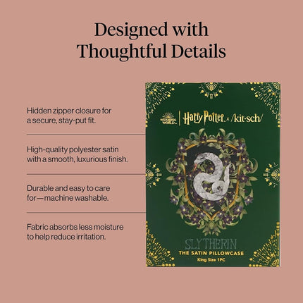 Kitsch x Harry Potter Slytherin Satin Pillowcase with Zipper for Hair & Skin – Double-Sided, Softer Than Silk, Wrinkle-Free, Machine Washable, Frizz Control, Breakout Prevention - King Size (19x36)
