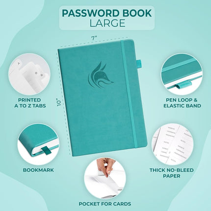 Clever Fox Password Book with Alphabetical Tabs, 18x25 Keeper Turquoise