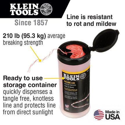 KLEIN TOOLS Pull Line for Light Duty Cable or Rope Pulling, 95 kg Average Breaking Strength 152 m Klein Tools 56108, Orange/White