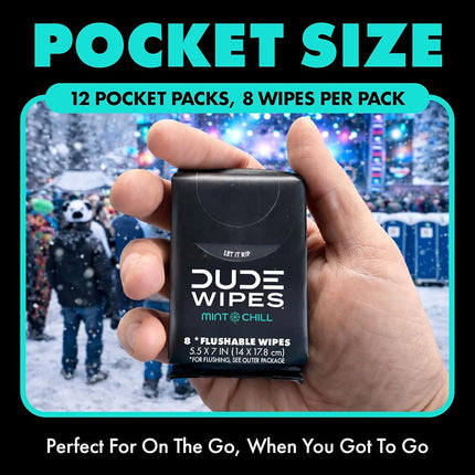 DUDE Wipes Mint Chill Pocket Packs - Travel Wipes - 12 Packs of 8 (96 Count) - On-The-Go Adult Flushable Wipes - Infused with Tea Tree Oil, Vitamin E, and Aloe - Septic and Sewer Safe
