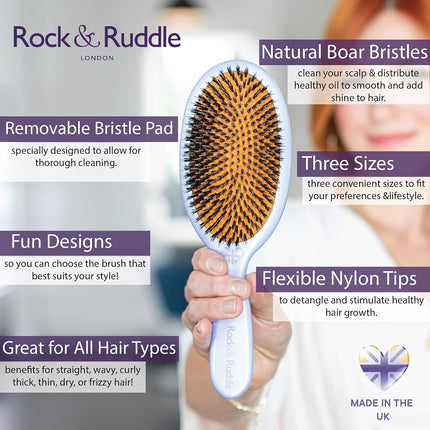 Rock & Ruddle Natural Mixed Boar Bristle Hair Brush for Women and Kids (Small/Travel Size, 17.5cm) - Perfect for Wet or Dry Hair, Detangling Smoothing Blowdrying - Made in UK - Cute Cats