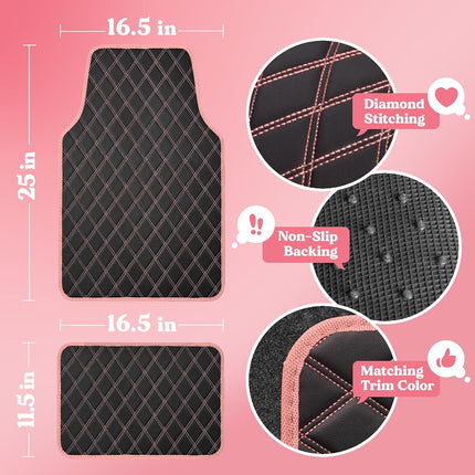Carbella DiamondLuxe Car Floor Mats, Stylish Faux Leather Car Mats with Diamond Stitched Detail and Matching Taping, Universally Sized All-Weather Floor Mats for Cars Trucks SUV, Full Set (Pink)
