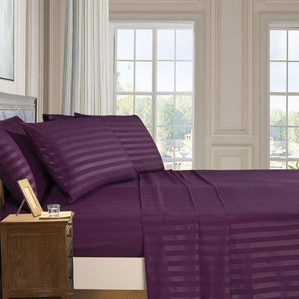 Elegant Comfort Softest and Coziest 4-Piece Sheet Set - 1500 Premium Hotel Quality Microfiber - Luxurious Wrinkle Resistant 4-Piece Damask Stripe Bed Sheet Set, Twin XL, Eggplant/Purple