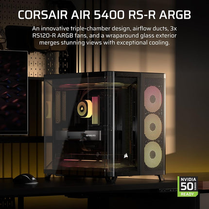 CORSAIR AIR 5400 RS-R ARGB Triple-Chamber Mid-Tower Panoramic PC Case – 3x Pre-Installed Reverse-Rotor RS120-R ARGB Fans, Low-Noise, High Airflow Ducts, Reverse Motherboard Support – Black