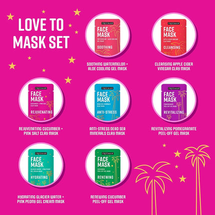Freeman Facial Love To Mask Lot découverte : Masque à l'argile absorbant l'huile, Charbon détoxifiant, Masque Peel Off purifiant, Masque-crème gel hydratant, Gommage exfoliant (Kit de 14 pièces avec accessoire tampon et bandeau bonus)