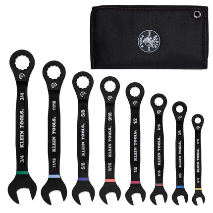KLEIN TOOLS 69408G Ratcheting Combination Wrench Set, SAE, 5/16 to 3/4 Inch, 90-Tooth Steel Alloy with Foam Pouch, 8-Piece