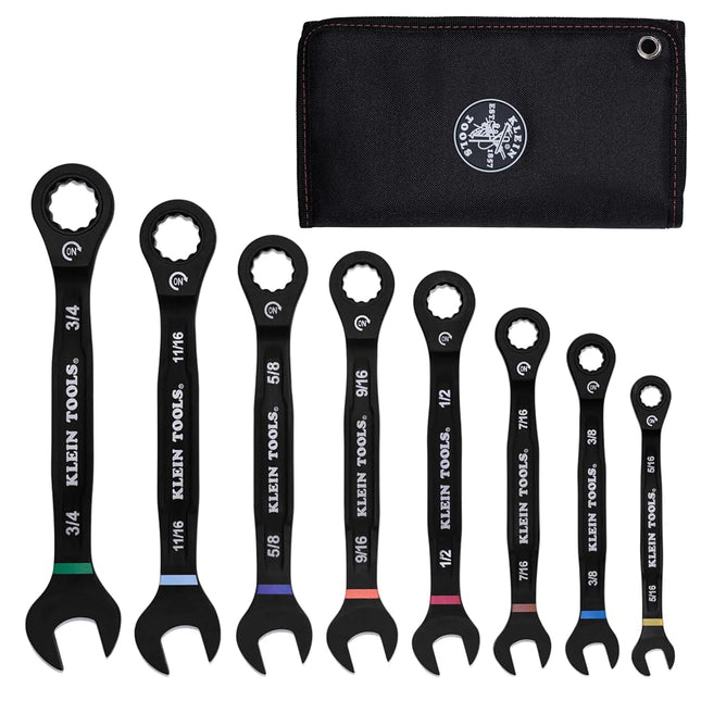 KLEIN TOOLS 69408G Ratcheting Combination Wrench Set, SAE, 5/16 to 3/4 Inch, 90-Tooth Steel Alloy with Foam Pouch, 8-Piece