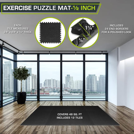 ProsourceFit Exercise Puzzle Mat 1/2-inch, EVA Interlocking Foam Floor Tiles for Home Gym, Workout Equipment, Kids Play Areas, Black, 48 SQ FT - 12 Tiles