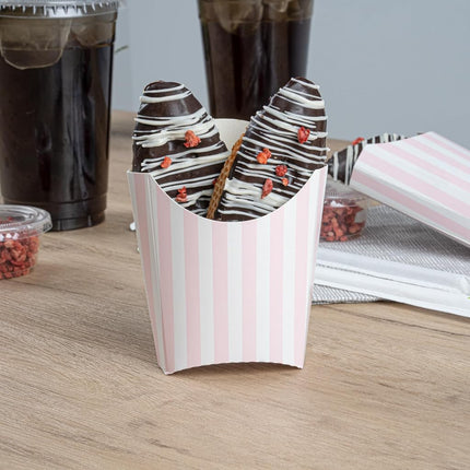 Bio Tek 3.9 x 2.6 x 3.5 Inch French Fry Cup, 100 Disposable Snack Cups - Stackable, Sustainable, Pink and White Paper 2 Ounce Fry Holder, for Fries, Onion Rings, Popcorn, or Cookies - Restaurantware