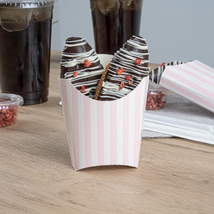 Bio Tek 3.9 x 2.6 x 3.5 Inch French Fry Cup, 100 Disposable Snack Cups - Stackable, Sustainable, Pink and White Paper 2 Ounce Fry Holder, for Fries, Onion Rings, Popcorn, or Cookies - Restaurantware