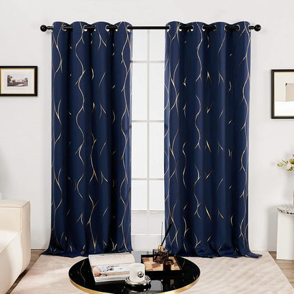 Deconovo Gold Wave Foil Print Blackout Curtains, 52W x 84L Inch, Navy Blue, 1 Pair, Grommet Light Blocking Room Darkening Curtain, Noise Reducing Window Drapes for Living Room Bedroom