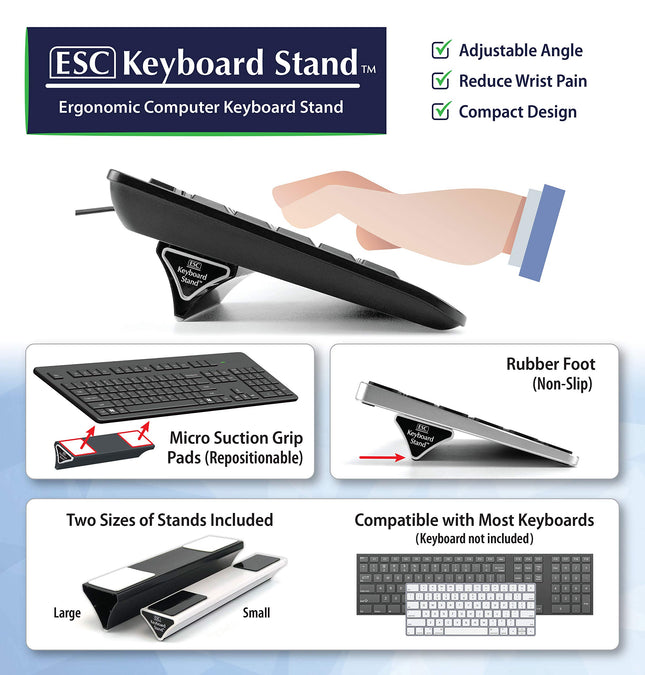 Soporte para teclado de ordenador y portátil ESC, ángulos y posiciones ergonómicas variables, incluye dos tamaños de soportes, compatible con la mayoría de teclados, almohadillas de microagarre reposicionables