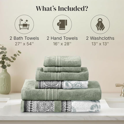 Modern Threads 6 Piece Set, 2 Bath Towels, 2 Hand Towels, 2 Washcloths Yarn Dyed Jacquard/Solid Towel Set Ophelia Dark Sage