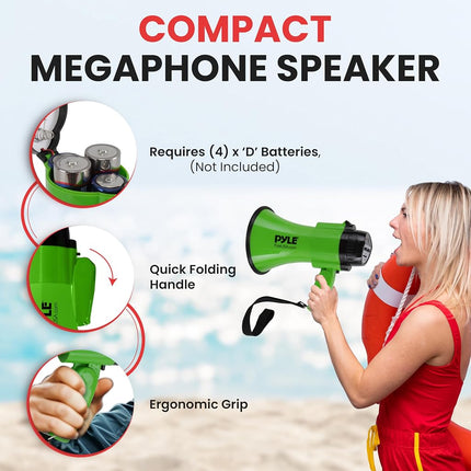 Pyle 30W Megaphone Bullhorn Speaker – Portable Handheld PA System with Siren Alarm & Voice Mode, Adjustable Volume, Battery Powered Loudspeaker with 730m Range – Green