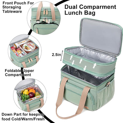 Weitars Insulated Lunch Box for Women Men-Dual Compartment Waterproof Reusable Large Lunch Bag for Women Wide-Open Tote Cooler Bag for Working Picnic Hiking (15L) (Green)