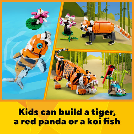 Set de Construcción LEGO Creator 3in1 Tigre Majestuoso 31129; Juguetes de Animales para Niños, con un Tigre, un Panda y un Pez Koi; Regalos Creativos para Niños de 9+ Años a los que les Encanta el Juego Imaginativo (755 Piezas)