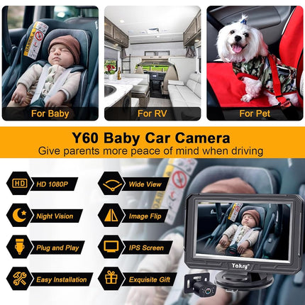 Yakry Baby Car Camera for Backseat - HD 1080P, 170° Wide Angle, Night Vision, 360° Rotation, Safe for Babies, Easy Install, Rear-Facing Baby Car Mirror for Parents