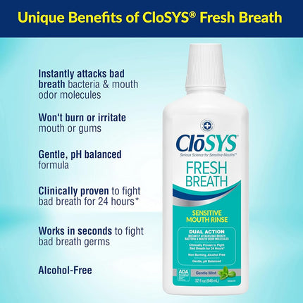 CloSYS Sensitive Antimicrobial Mouthwash, 32 Ounce, Gentle Mint, Alcohol Free, Dye Free, pH Balanced, Helps Soothe Mouth Sensitivity, Kills Germs That Cause Bad Breath