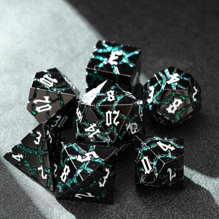 Metal Dice for DND - Ancient Cracked - Black Green Glitter Cracks