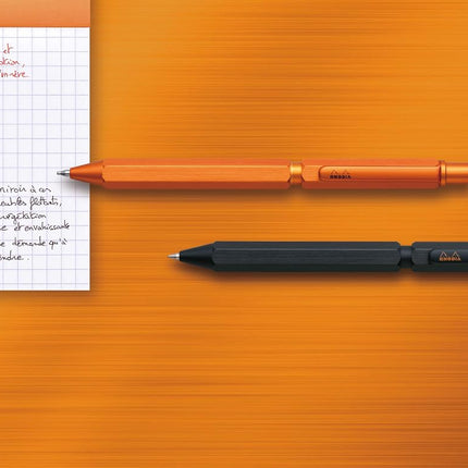 RHODIA 9340C - 3 in 1 scRipt Multipen 2 Ballpoint Pens 0.5 mm Black & Red + 1 Graphite Mechanical Pencil 0.5 mm - Hexagonal Body in Orange Brushed Aluminium - Refillable - Eraser Under the Push Button
