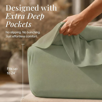 Tribeca Living Luxury Solid Flannel Deep Pocket Sheet Set, Green, Full