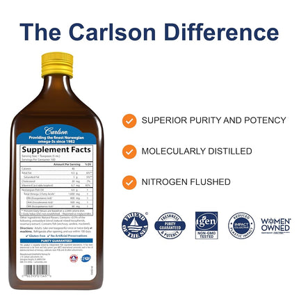 Carlson - The Very Finest Fish Oil, 1600 mg Omega-3s, Norwegian Fish Oil, Wild-Caught, Sustainably Sourced Fish Oil Liquid, Lemon, 16.9 Fl Oz