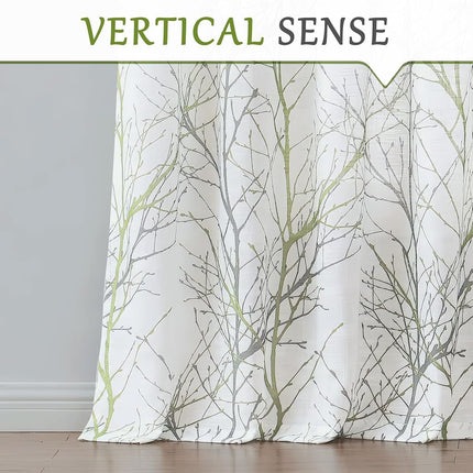 FMFUNCTEX Linen Semi Sheer Curtains for Bedroom, Sage Green White Curtains 72 Inches Long for Living Room, Grey Tree Branch PPrint Curtain Light Filtering Farmhouse Window Drapes, Grommet Top 2 Panels
