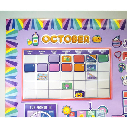 Carson Dellosa We Stick Together 163PC Classroom Calendar Bulletin Board Set, Monthly Calendar with Groovy Classroom Decor Accents, Weather & Days of The Week Chart for Bulletin Board & Wall Decor