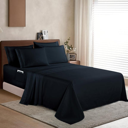 Elegant Comfort 1500 Premium Quality 6-Piece Bed Sheet Set - 18-24 Inch Extra Deep Pocket, Smart Storage Pockets, Wrinkle Free Ultra Soft 6PC Extra Deep Pocket Sheets, King, Black