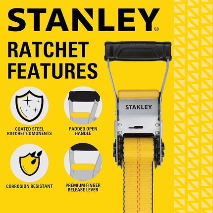 STANLEY S10000J Black/Yellow 2" x 27' Ratchet Strap with Double J-Hooks - 3,333 LBS Safe Working Load / 10,000 LBS Break Strength