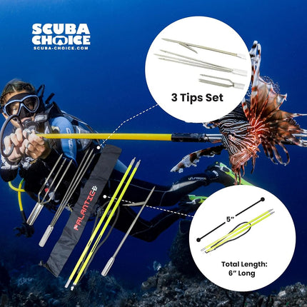 Scuba Choice Spearfishing 5' Fiberglass Travel Hawaiian Sling Pole Spear - 2-Piece with 3 Tips Set (12" Paralyzer & Lionfish Tip) | Durable Lightweight, Includes Black Rubber Carry Bag