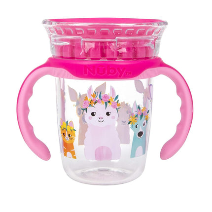 Nuby 360 Edge 2 Stage Drinking Rim Cup with Removable Handles & hygienic Cover: 8 Oz/ 240 Ml, 12M+, Flower Crowns, Pink