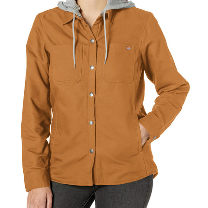Dickies Women's Duck Hooded Shirt Jacket, Brown Du