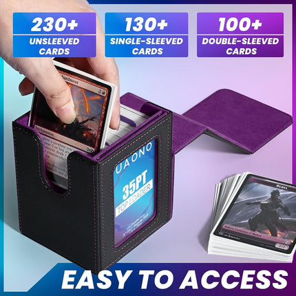 UAONO Card Deck Box with Command Display, Holds 100+ Double-Sleeved Cards, Storage Box Fits FFG/PTCG/Sports Cards with 2 Dividers, 1 Toploader (Black, Purple)
