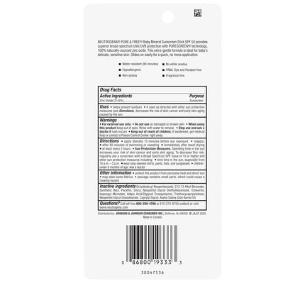 Neutrogena Pure & Free Protector Solar Mineral en Barra para Bebés con FPS 50 de Amplio Espectro y Óxido de Zinc, Resistente al Agua, Hipoalergénico, Libre de Parabenos, Tintes y PABA, Protector Solar para Cara y Cuerpo del Bebé, 0.47 oz