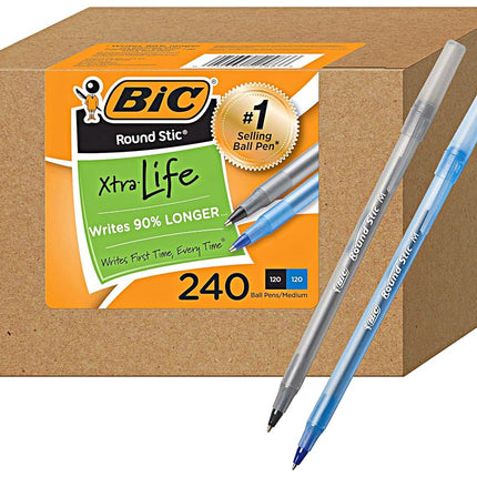 BiC PENS large bulk pack of 240 ink pens, Bic Round Stic Xtra Life Ballpoint Pens Medium point 1.0 mm, 120 black pens & 120 Blue pens in Box combo pack