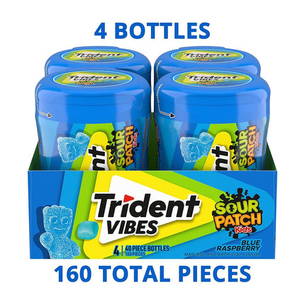 Trident Vibes SOUR PATCH KIDS Chewing Gum sans sucre, saveur framboise bleue, 4 boîtes de 40 dragées (160 dragées au total)