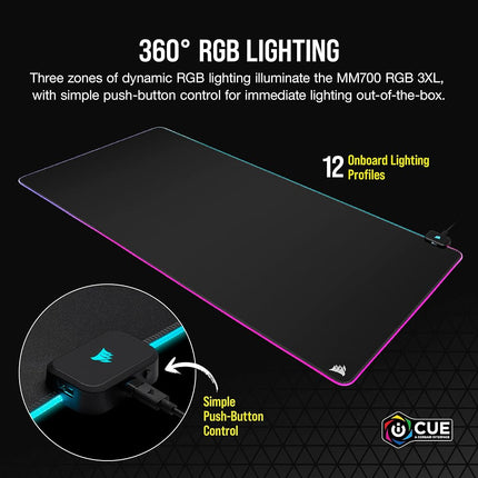 Corsair MM700 RGB Extended 3XL Cloth Gaming Mouse Pad - 1,220mm x 610mm (48” x 24”) - 360° RGB Lighting - Two USB Port Hub - Thick Rubber - Black
