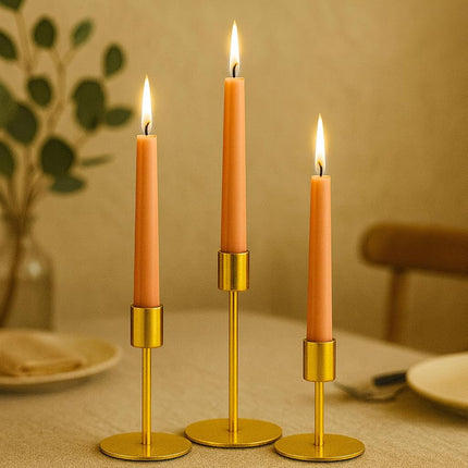 smtyle Portavelas cónicos dorados para velas, juego de 3 candelabros con hierro de 2 cm de diámetro, ideal para decoración con velas