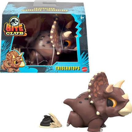 Mattel Jurassic World Bite Club Collectible Figure, Triceratops Chubby Stylized Dinosaur Approx 4-Inch Figure with Accessory, HVB39